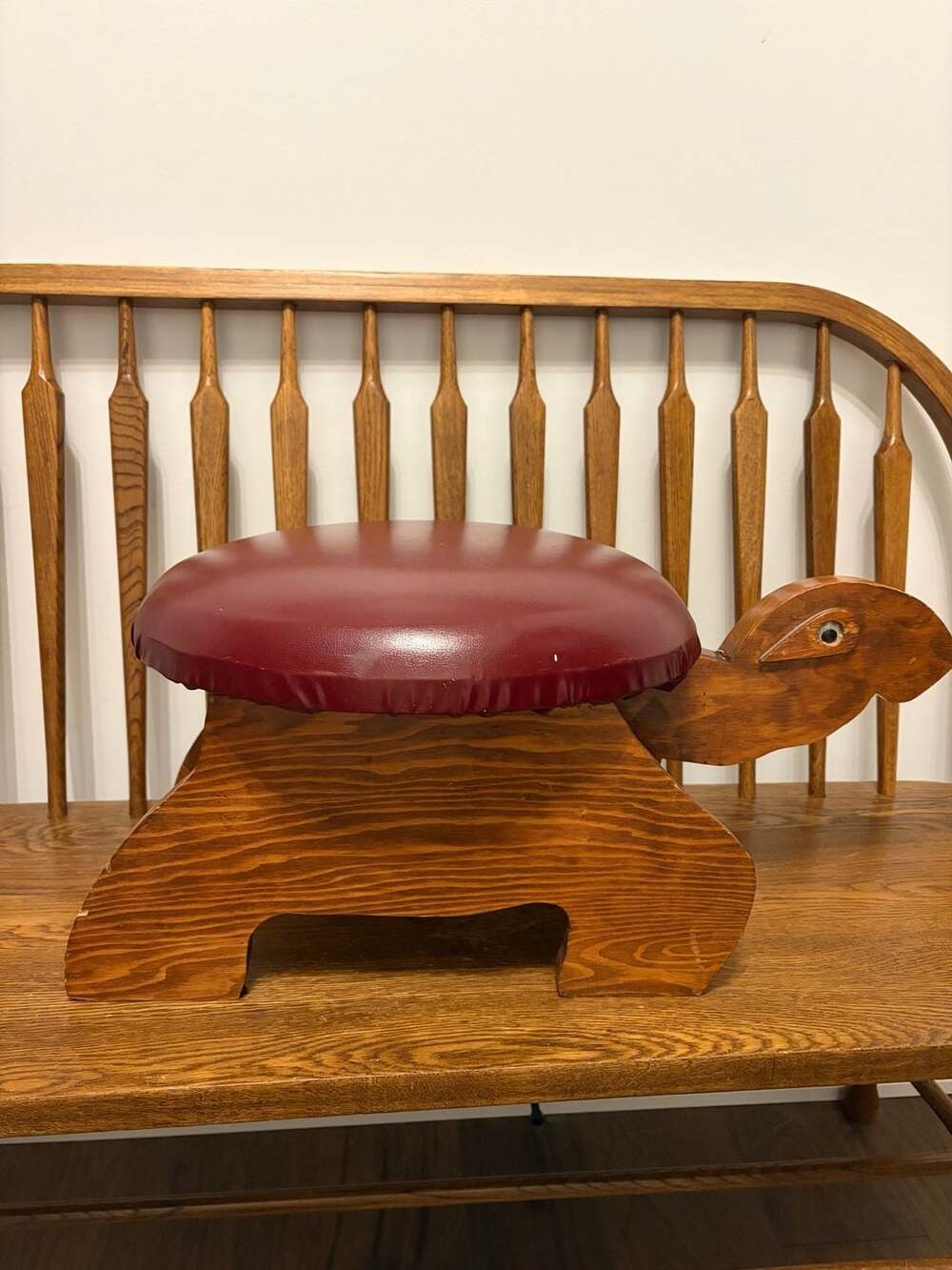 Vintage Handcrafted Wooden Turtle Footstool Red Upholstered Seat